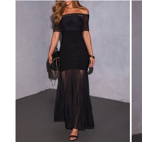 Hollins Convertible Mesh Off Shoulder Maxi Dress - Picture 1 of 3